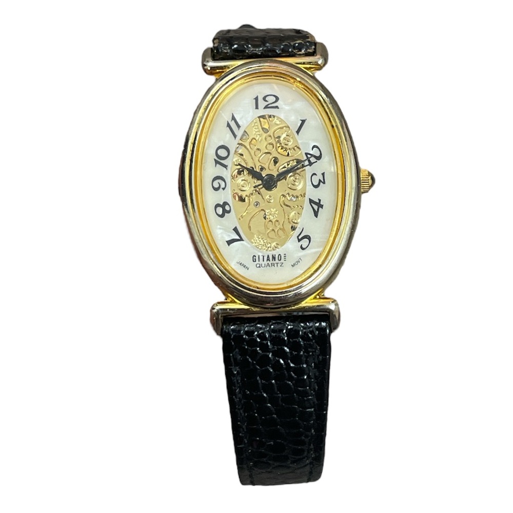 Vintage Gitano Analog Watch Working Gold Tone Mother of Pearl Face Skeletonized